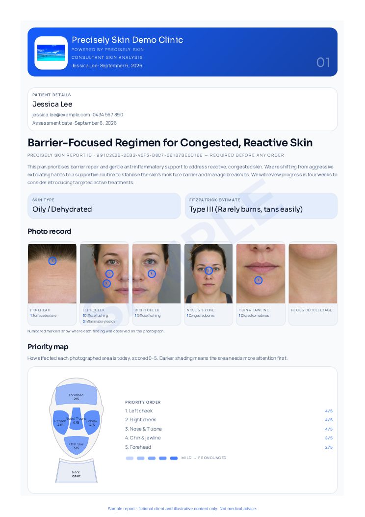 Sample skin report page — Photo record & priority map