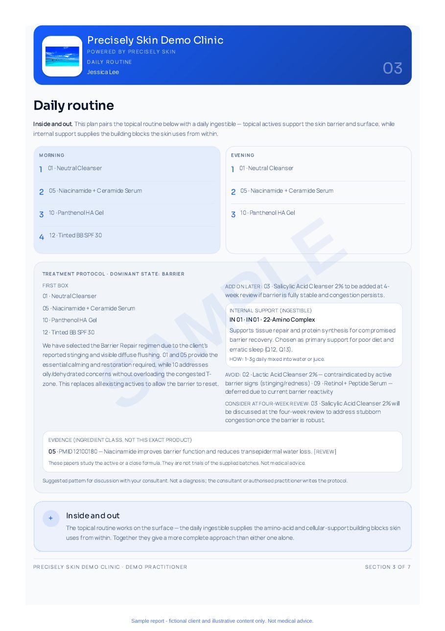 Sample skin report page — Daily routine